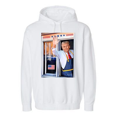 Donald Trump Waving Fast Food Drive Through French Fry Cook Garment-Dyed Fleece Hoodie