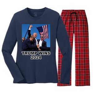 Donald Trump Wins 2024 Election Gun Shot Fired At Rally Women's Long Sleeve Flannel Pajama Set 