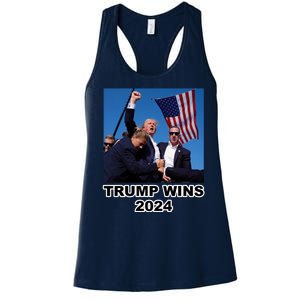 Donald Trump Wins 2024 Election Gun Shot Fired At Rally Women's Racerback Tank