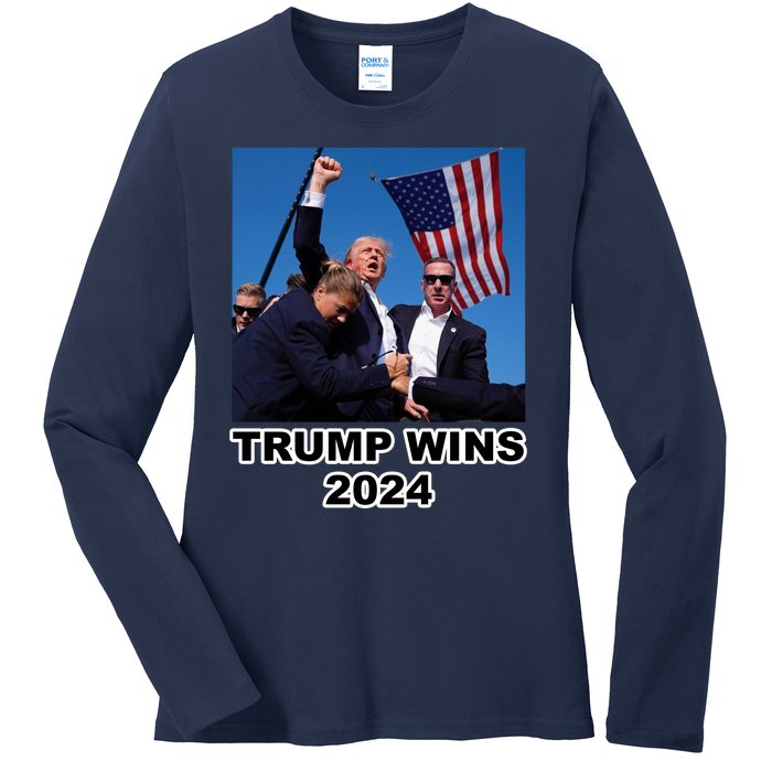 Donald Trump Wins 2024 Election Gun Shot Fired At Rally Ladies Long Sleeve Shirt