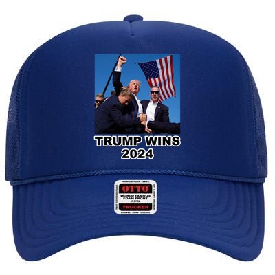 Donald Trump Wins 2024 Election Gun Shot Fired At Rally High Crown Mesh Back Trucker Hat