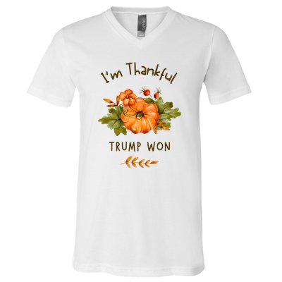 Donald Trump Won Thanksgiving Thankful Election 2024 V-Neck T-Shirt