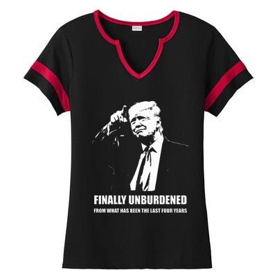 Donald Trump Wins – Finally Unburdened From The Last 4 Years Ladies Halftime Notch Neck Tee