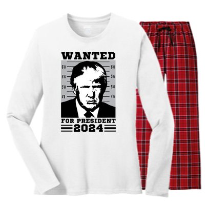 Donald Trump Wanted For President 2024 President Trump Mugshot Women's Long Sleeve Flannel Pajama Set 