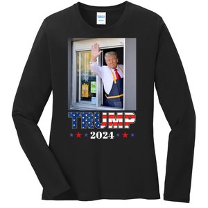 Donald Trump Works The Fry Station And Holds A Drivethru Ladies Long Sleeve Shirt