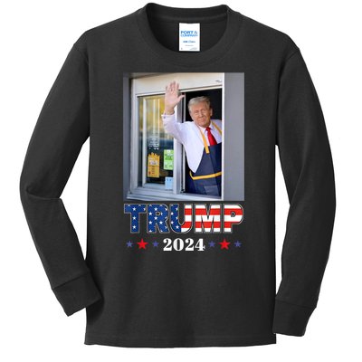 Donald Trump Works The Fry Station And Holds A Drivethru Kids Long Sleeve Shirt