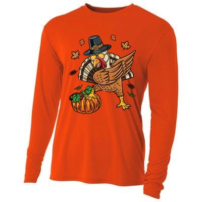 Dabbing Turkey With Pumpkin Thanksgiving Cute Gift Cooling Performance Long Sleeve Crew