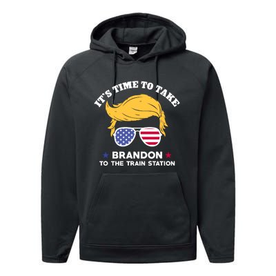 Donald Trump With American Flag Glasses – ItS Time To Take Brandon To The Train Performance Fleece Hoodie