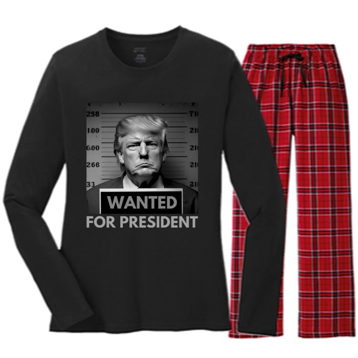 Trump wanted for President 2024 Trump Mugshot Women's Long Sleeve Flannel Pajama Set 