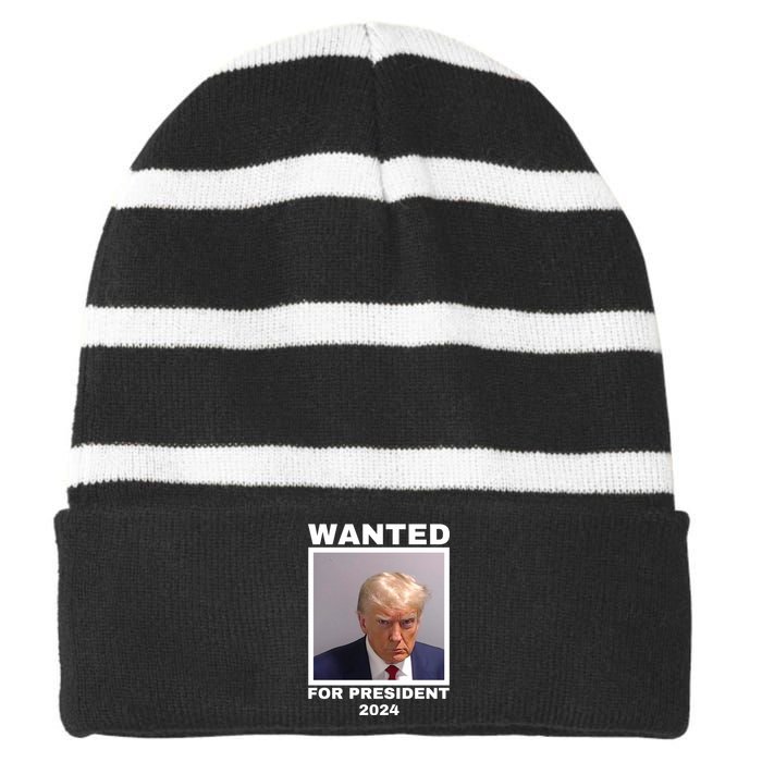 Trump wanted for President 2024 Trump Mugshot Striped Beanie with Solid Band