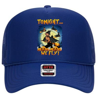 Dachshund Tonight We Fly Funny Dachshund Witch Fly Halloween Gift High Crown Mesh Back Trucker Hat