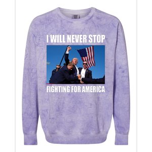 Donald Trump Will Never Stop Fighting For America Colorblast Crewneck Sweatshirt