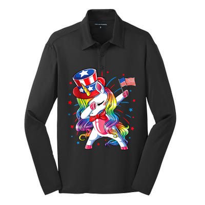 Dabbing Unicorn 4th Of July Women American Silk Touch Performance Long Sleeve Polo