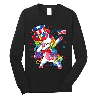 Dabbing Unicorn 4th Of July, Women American Flag Long Sleeve Shirt