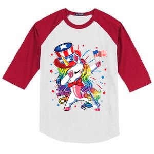 Dabbing Unicorn 4th Of July, Women American Flag Kids Colorblock Raglan Jersey