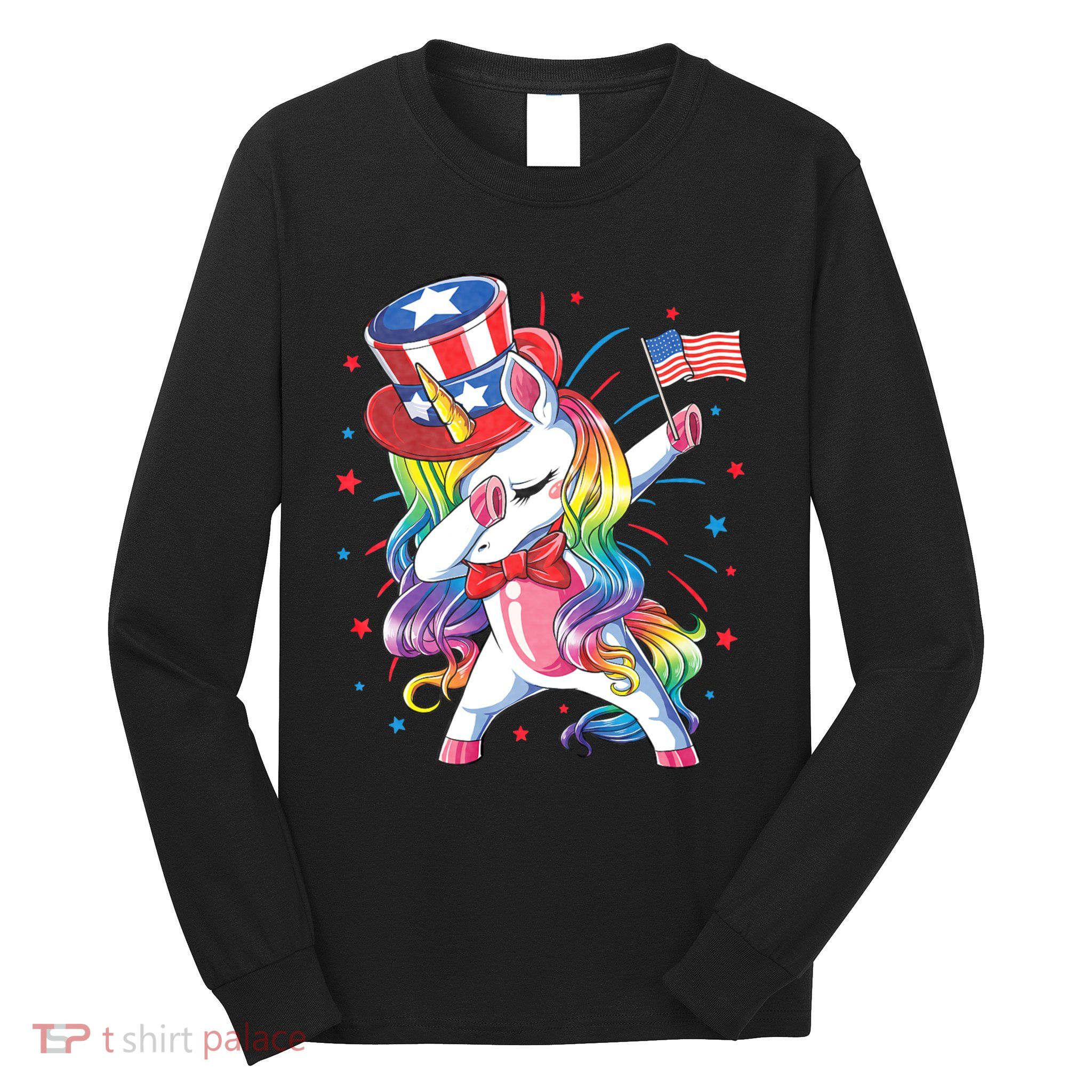 Dabbing Unicorn 4th Of July Uncle Sam American Flag Long Sleeve Shirt