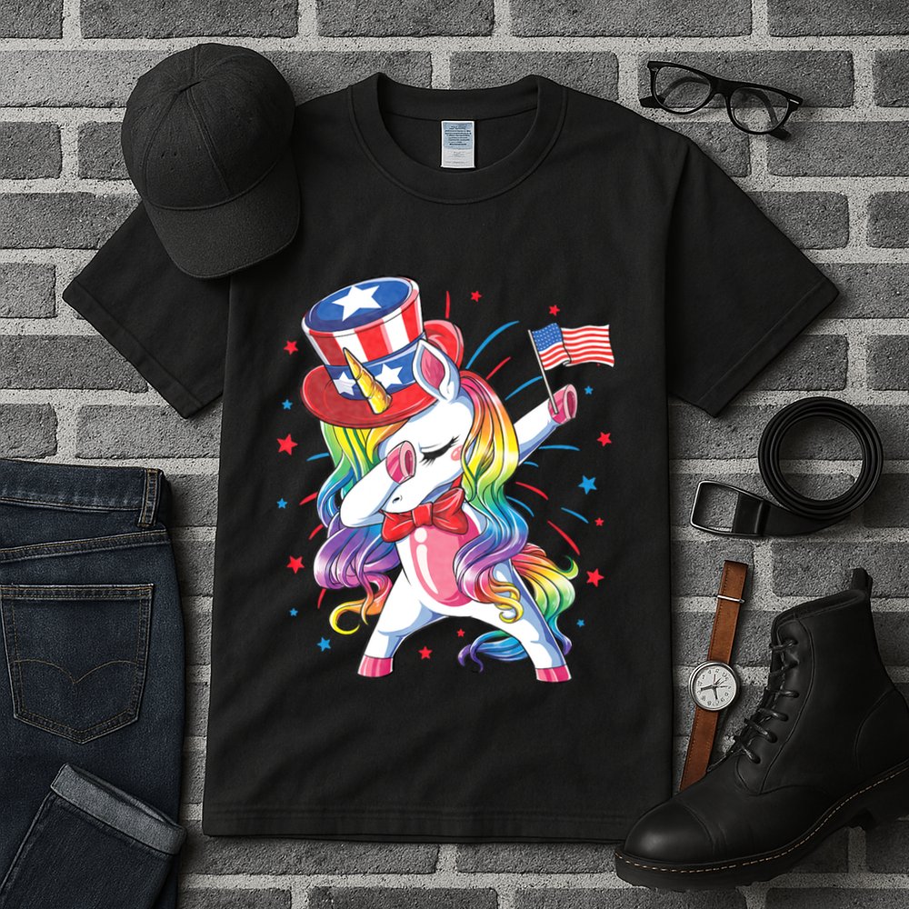 Dabbing Unicorn 4th Of July Uncle Sam American Flag Tall T-Shirt