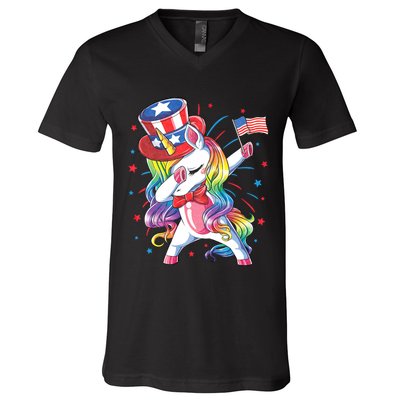 Dabbing Unicorn 4th Of July Uncle Sam American Flag V-Neck T-Shirt