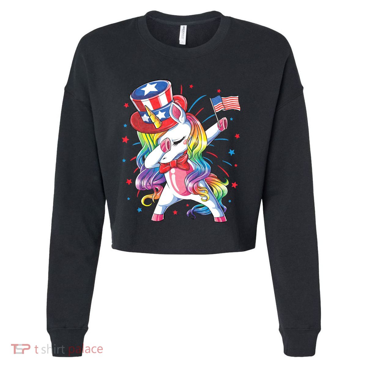 Dabbing Unicorn 4th Of July Uncle Sam American Flag Cropped Pullover Crew