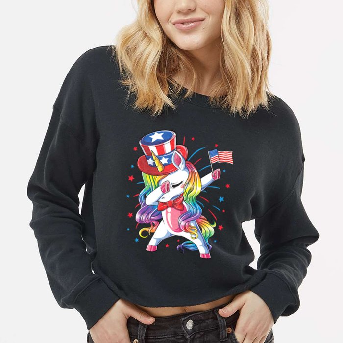 Dabbing Unicorn 4th Of July Uncle Sam American Flag Cropped Pullover Crew
