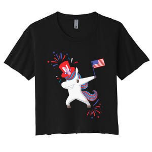 Dabbing Unicorn 4th Of July Uncle Sam American Flag Women's Crop Top Tee