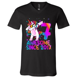 Dabbing Unicorn 7 Year Old 7th Birthday Girl Unicorn Party V-Neck T-Shirt