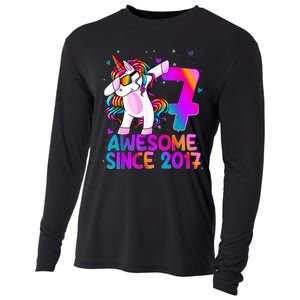 Dabbing Unicorn 7 Year Old 7th Birthday Girl Unicorn Party Cooling Performance Long Sleeve Crew