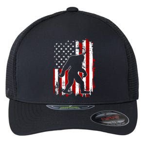 Distressed USA American Bigfoot Sasquatch Flag Flexfit Unipanel Trucker Cap