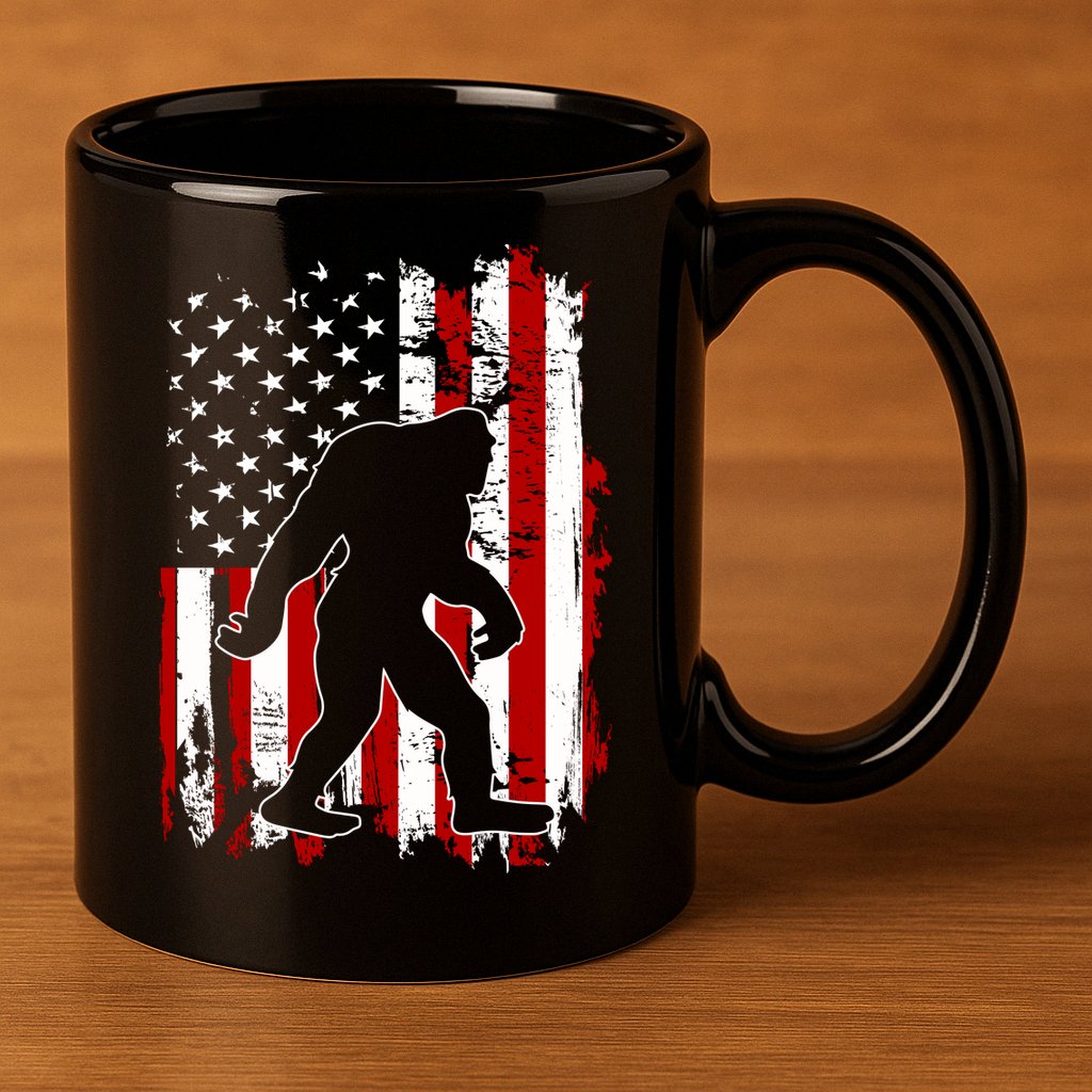 Distressed USA American Bigfoot Sasquatch Flag 11oz C Handle Ceramic Mug