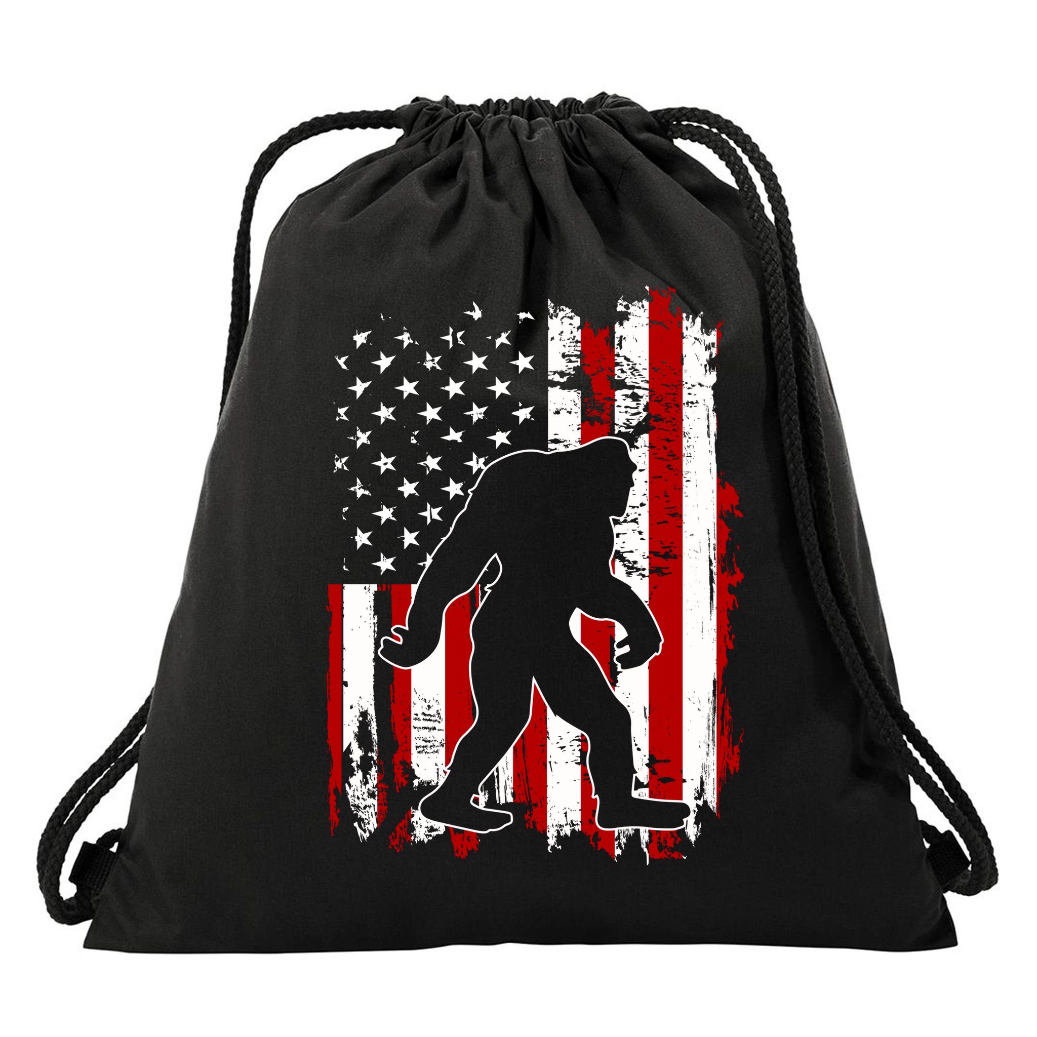 Distressed USA American Bigfoot Sasquatch Flag Drawstring Bag