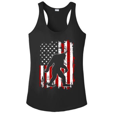 Distressed USA American Bigfoot Sasquatch Flag Ladies PosiCharge Competitor Racerback Tank