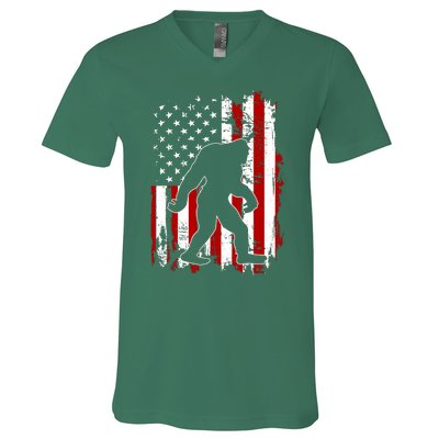 Distressed USA American Bigfoot Sasquatch Flag V-Neck T-Shirt