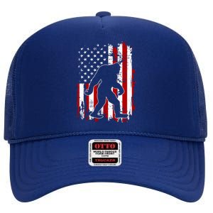 Distressed USA American Bigfoot Sasquatch Flag High Crown Mesh Back Trucker Hat