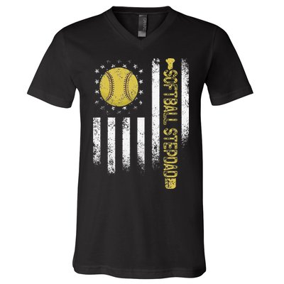 Distressed USA American Flag Softball Stepdad Fathers Day V-Neck T-Shirt
