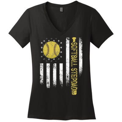 Distressed USA American Flag Softball Stepdad Fathers Day Women's V-Neck T-Shirt