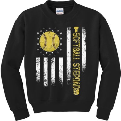 Distressed USA American Flag Softball Stepdad Fathers Day Kids Sweatshirt