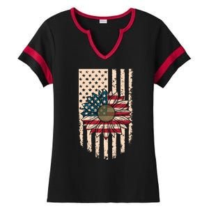 Distressed USA American Flag Sunflower Ladies Halftime Notch Neck Tee