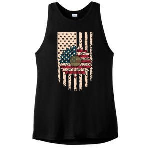 Distressed USA American Flag Sunflower Ladies PosiCharge Tri-Blend Wicking Tank