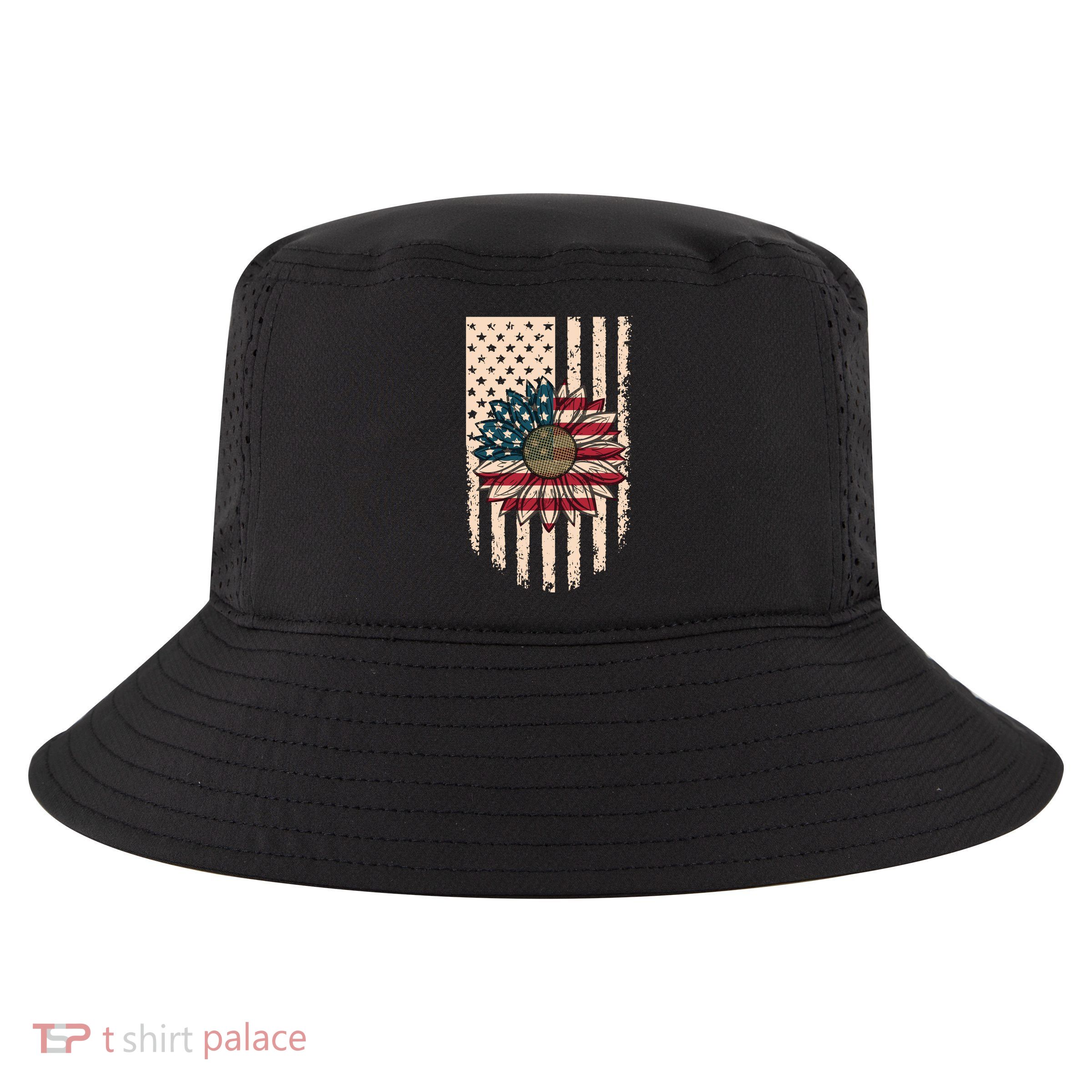 Distressed USA American Flag Sunflower Cool Comfort Performance Bucket Hat
