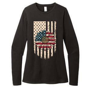 Distressed USA American Flag Sunflower Womens CVC Long Sleeve Shirt