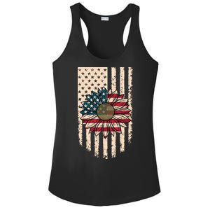 Distressed USA American Flag Sunflower Ladies PosiCharge Competitor Racerback Tank