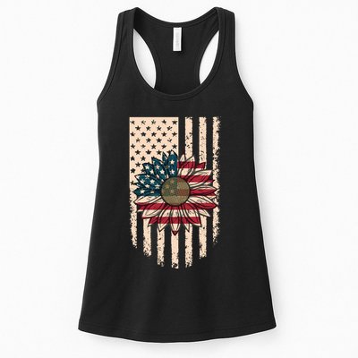 Distressed USA American Flag Sunflower Womens Tank Top