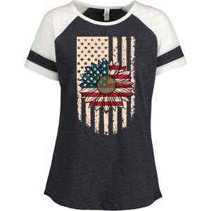 Distressed USA American Flag Sunflower Enza Ladies Jersey Colorblock Tee