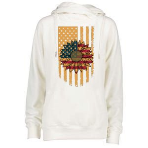 Distressed USA American Flag Sunflower Womens Funnel Neck Pullover Hood