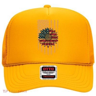 Distressed USA American Flag Sunflower High Crown Mesh Back Trucker Hat