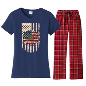 Distressed USA American Flag Sunflower Women's Flannel Pajama Set