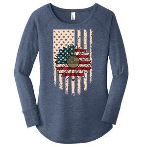 Distressed USA American Flag Sunflower Women's Perfect Tri Tunic Long Sleeve Shirt