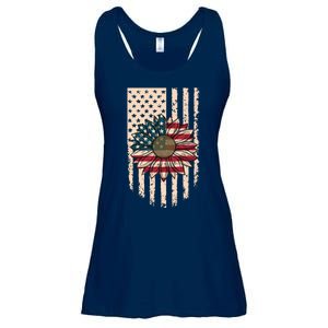 Distressed USA American Flag Sunflower Ladies Essential Flowy Tank