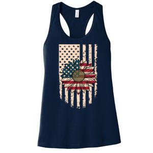 Distressed USA American Flag Sunflower Women's Racerback Tank