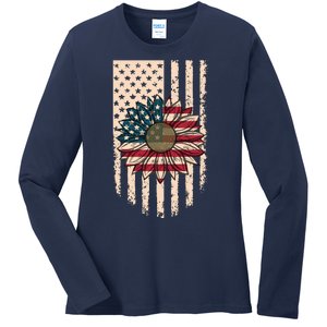 Distressed USA American Flag Sunflower Ladies Long Sleeve Shirt